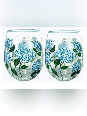 Hand Painted Blue Hydrangea Stemless Wine Glasses - Set of 2
